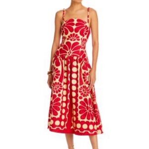 FARM Rio Palermo Red and Cream Floral Midi Dress